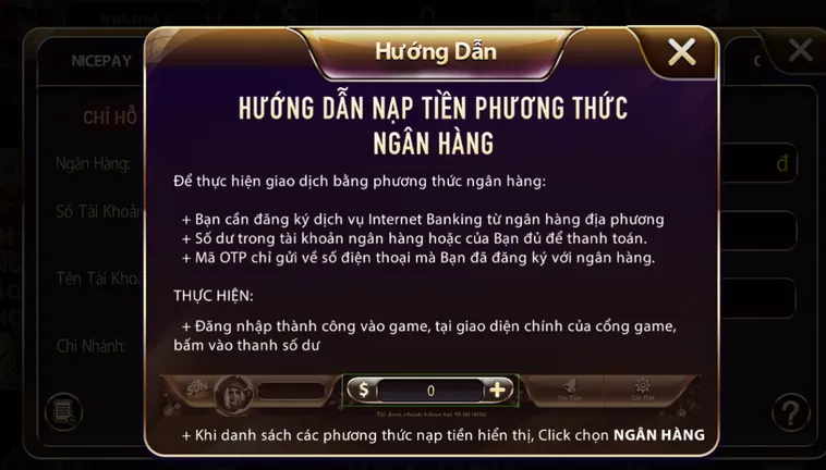 Quy trình chuẩn nạp tiền qua tài khoản ngân hàng tại sunwin.